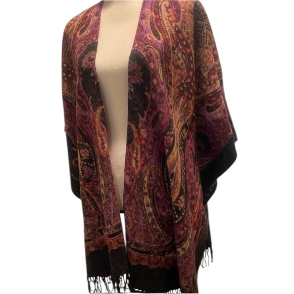 Chico’s Women’s Shawl Cape Wrap Wool Colorful Leopard Purple Black Oversized
